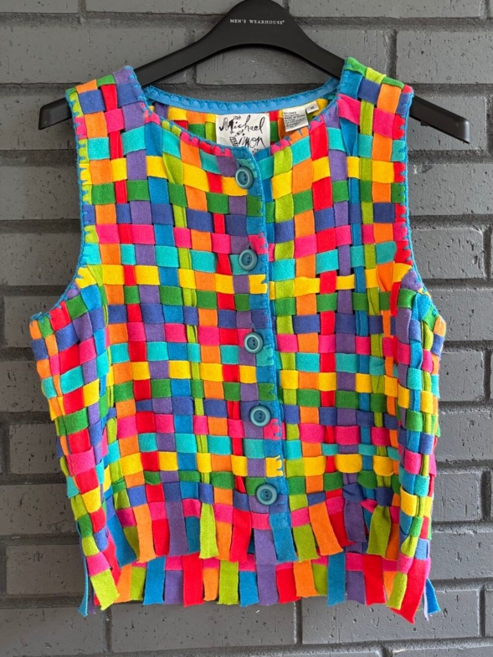 Michael Simon Rainbow Basket Weave Sweater Vest M Ramie Cotton Colorblock